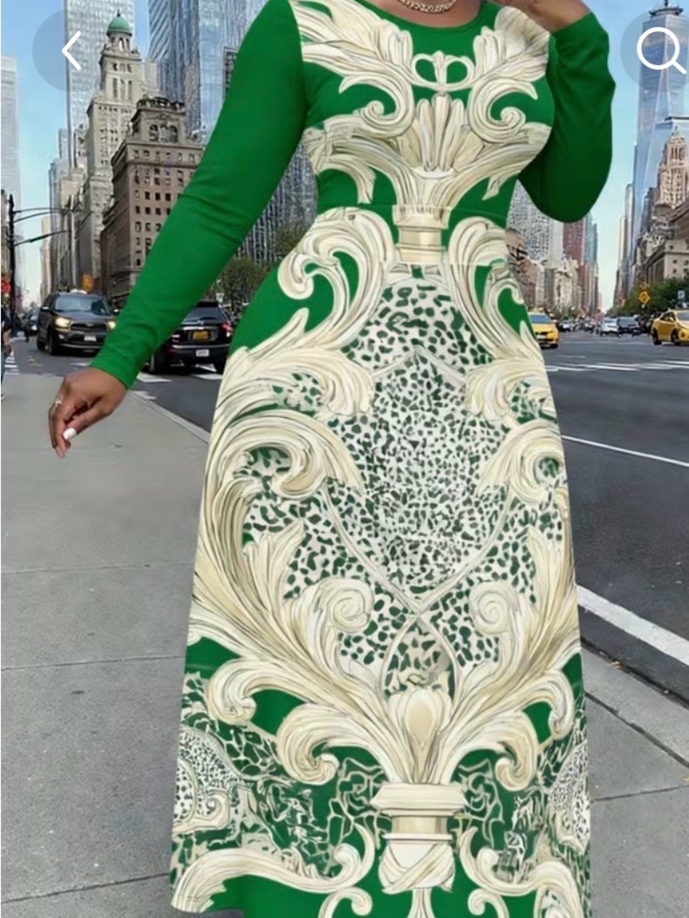 Emerald & Cream Long Sleeve Maxi Dress with Baroque Scroll Print